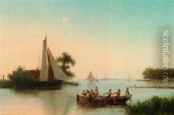 A River Landscape With Figures In A Rowing Boat Oil Painting - Johannes Hermanus Barend Koekkoek