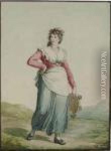 Two Costume Studies: A Woman From Trastevere Carrying A Tambourine Oil Painting - Bartolomeo Pinelli