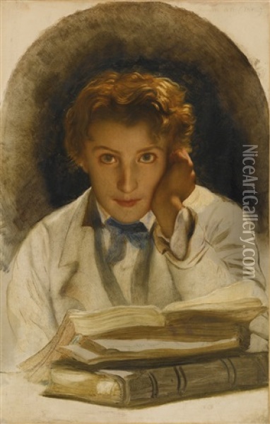 Portrait Of Joseph-carle-paul-horace Delaroche, Son Of The Artist, Half Length With A Pile Of Books Oil Painting - Paul Delaroche
