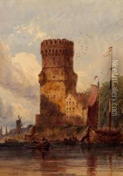 A Fortified Tower By Water's Edge With Soldiers Arriving In Rowing Boats Oil Painting - Joseph Murray Ince