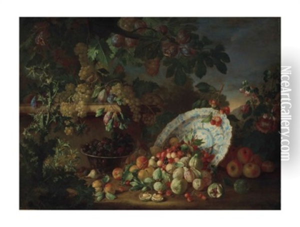 Nature Morte Aux Fruits Et Plat En Porcelaine Oil Painting - Bartolommeo Bimbi