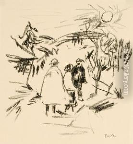 Drei Wanderer.1930's Oil Painting - Rudiger Berlit