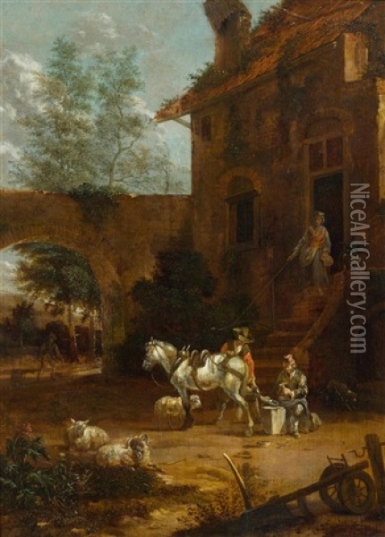 Horseman And Blacksmith Before A Farmhouse Oil Painting - Johannes van der Bent