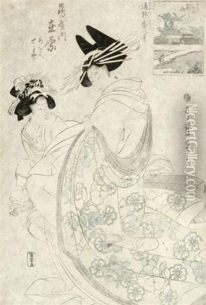 Two Oban Tate-e Oil Painting - Kitagawa Utamaro