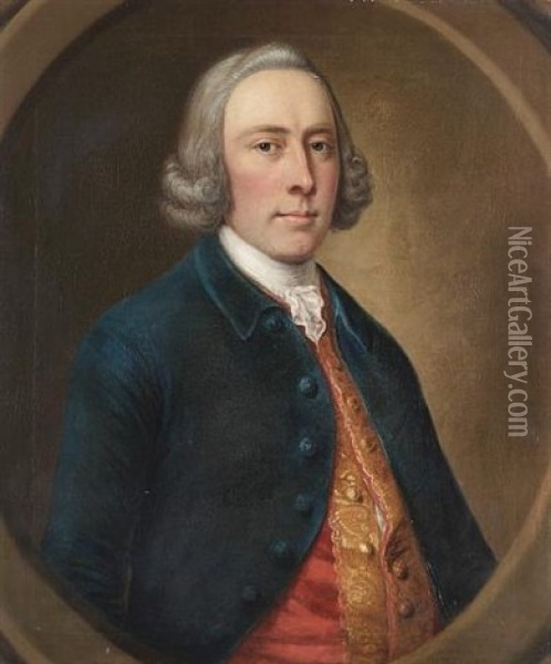 Portrait Of A Gentleman In A Red Brocaded Waistcoat And A Blue Coat Oil Painting - Thomas Hudson