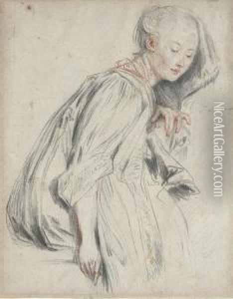 A Seated Young Woman, In A Loose Robe, Her Eyes Downcast Oil Painting - Watteau, Jean Antoine