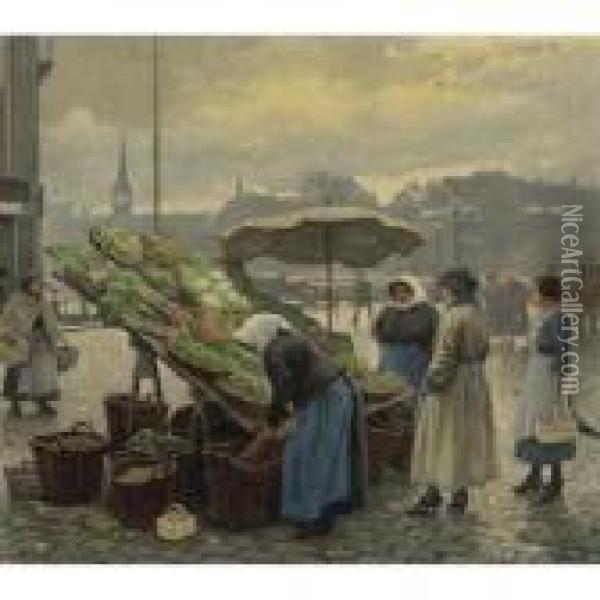 At The Vegetable Market Oil Painting - Paul-Gustave Fischer