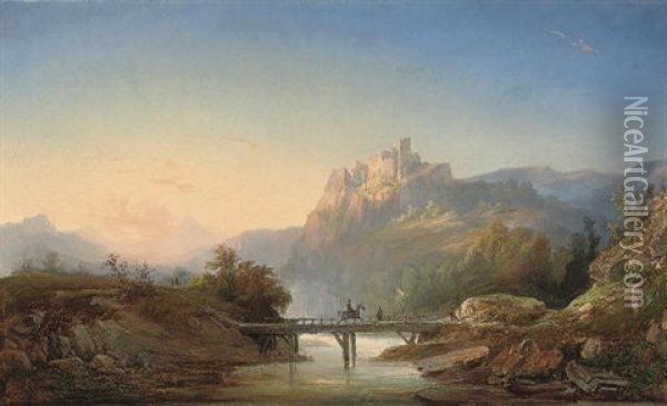 Travellers Crossing A Bridge Before A Ruined Citadel Oil Painting - Regis Francois Gignoux