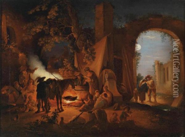 A Nocturnal Scene In A Camp Oil Painting - Christian Wilhelm Ernst Dietrich