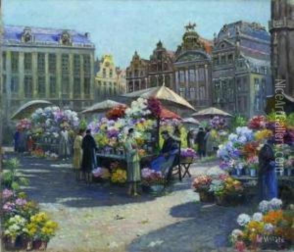 Marche Aux Fleurs A Bruxelles Oil Painting - Franz Van Genesen