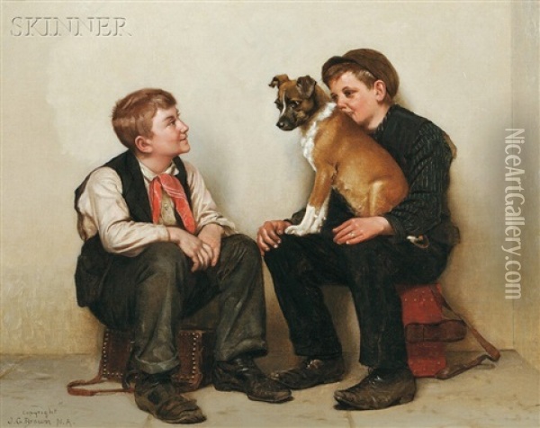 Two Shoeshine Boys With A Dog Oil Painting - John George Brown