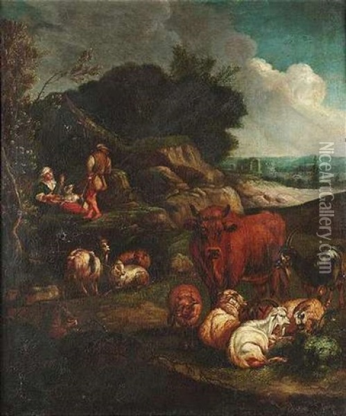 Ruhende Herde Und Schafer In Campagnalandschaft Oil Painting - Johann Heinrich Roos