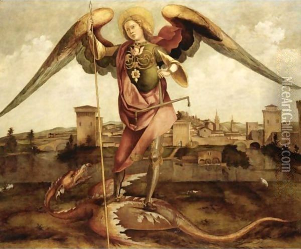 L'Arcangelo Michele, Una Citta Sullo Sfondo Oil Painting - Lazzaro Bastiani