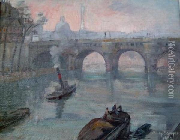 The Famous Pont Neuf Of Paris Looking Towards Eifel Tower Oil Painting - Philip Ayer Sawyer
