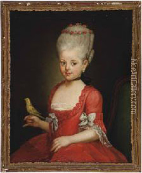 Portrait Of A Girl Wearing A Red Dress Holding A Yellow Canary Oil Painting - Antoine Pesne