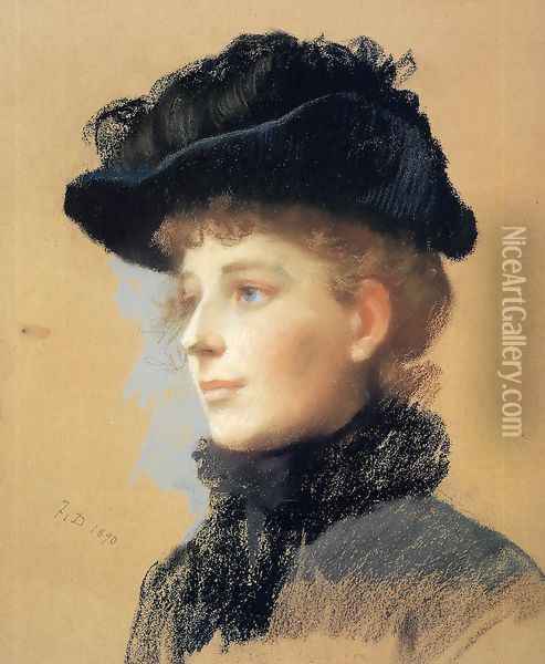 Portrait of a Woman with Black Hat Oil Painting - Frank Duveneck