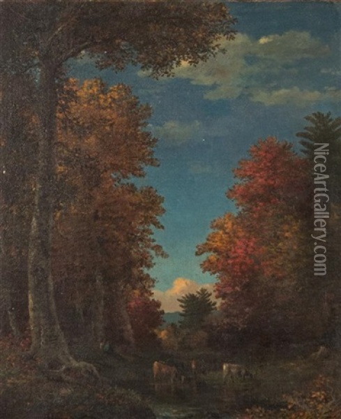 Fall Lanscape With Cows And Figures Oil Painting - Christopher Pearce Cranch
