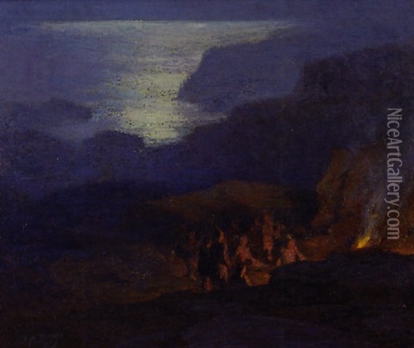 Moonlit Beach Scene With Figures Around A Campfire Oil Painting - Edward Henry Potthast