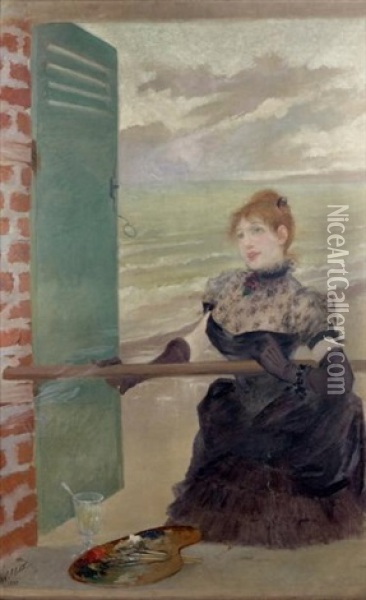 Femme En Robe Noire A La Fenetre D'un Peintre, Devant La Mer Oil Painting - Adolphe Leon Willette
