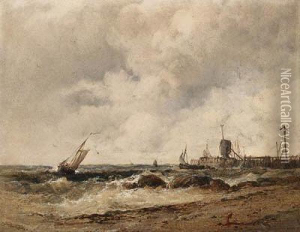 Shipping Off A Pier In Stormy Seas Oil Painting - James Webb