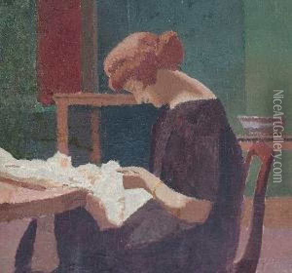 A Woman Sewing Oil Painting - Malcolm Drummond