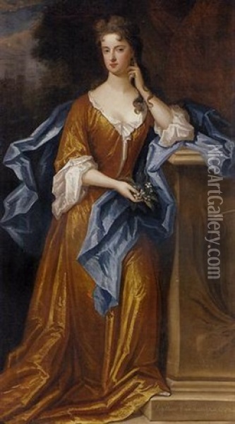 Portrait Of Lady Elizabeth Germaine, Daughter Of Charles, 2nd Earl Of Berkeley, In A Golden Dress And Blue Wrap, Holding A Sprig Of Blossom, Leaning Against A Stone Plinth, A Mansion Beyond Oil Painting - Charles d' Agar