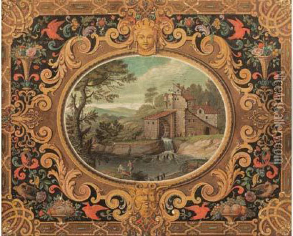 Paysage Au Moulin A Eau Dans Un Decor De Grotesques Et De Fruits Dans Le Gout De Berain Oil Painting - Etienne Le Monnier