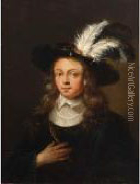 A Portrait Of A Young Man, Bust 
Length, Wearing A Black Coat With White Collar And A Feathered Hat Oil Painting - Arie de Vois