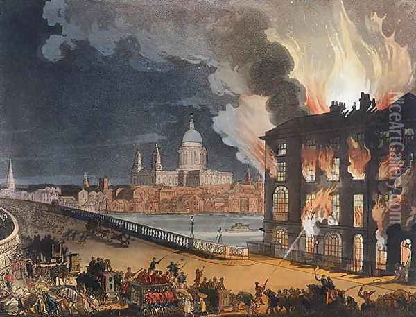 Fire in London, from the Microcosm of London, or London in Miniature, Vol. II, by Rudolph Ackerman, engraved by J. Bluch Oil Painting - T. Rowlandson & A.C. Pugin