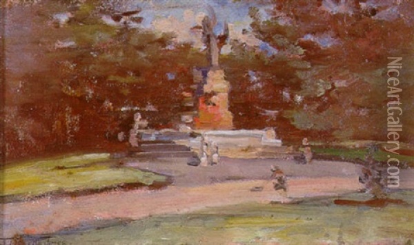 Memorial Fountain, Royal Botanical Gardens, Sydney Oil Painting - John Llewellyn Jones