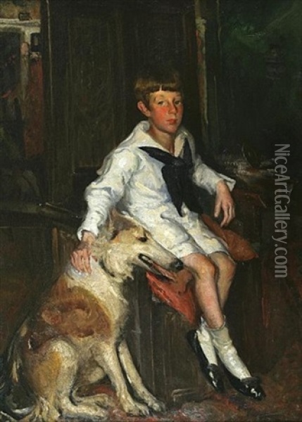 Portrait Of A Boy And His Dog Oil Painting - Frederick William MacMonnies