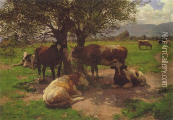 Sommerliche Weidelandschaft Mit Rastenden Kuhen Unter Baumen Oil Painting - Julius Hugo Bergmann