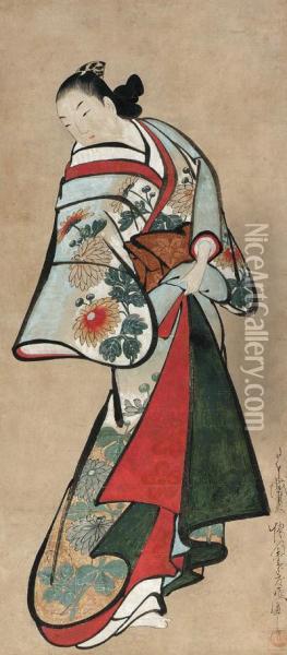 Courtesan
Bearing Signature Nihon Giga Kaigetsu Matsuyo Doshin Zu Kore [o] Zu[su], Sealed Ando Oil Painting - Kaigetsudo Doshin