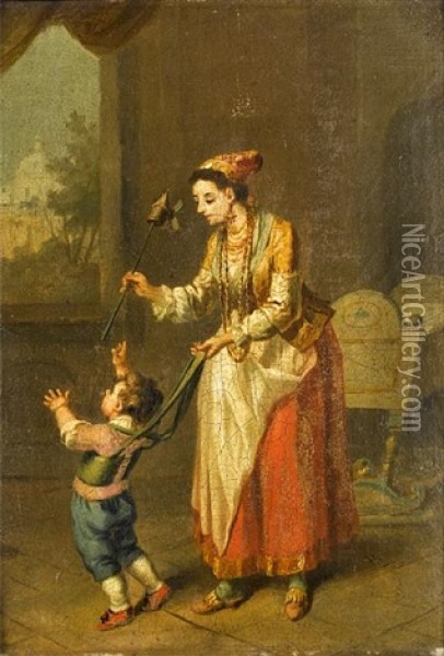 A Turkish Woman And Her Child In An Interior Oil Painting - Pietro Fabris