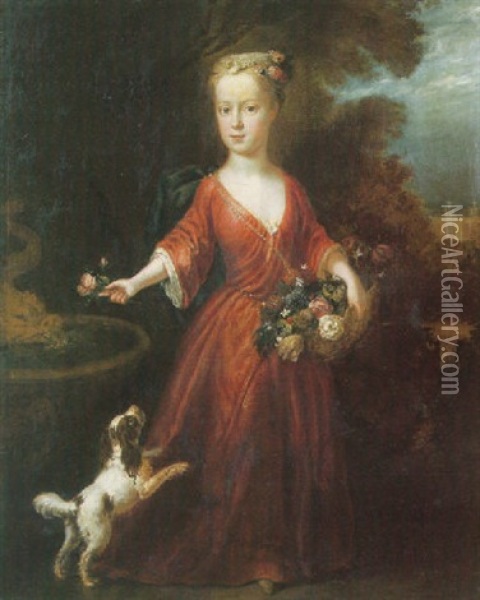 Portrait Of A Girl In A Red Dress, Holding A Basket Of Flowers, A Spaniel At Her Side Oil Painting - John Theodore Heins