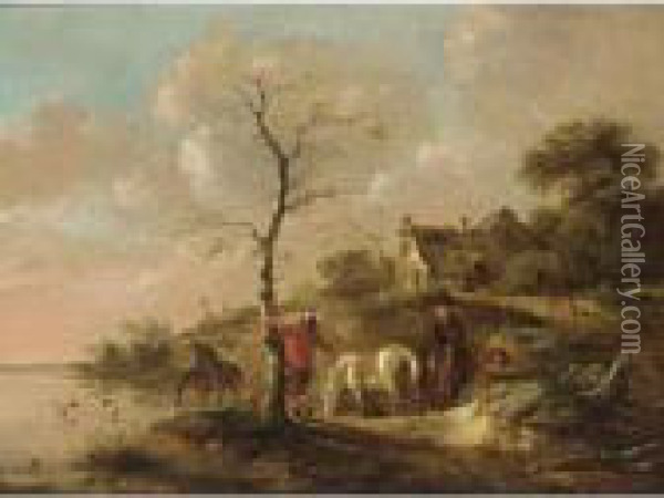 A Wooded Landscape With 
Travellers Watering Their Horses Near A River, Figures Swimming And A 
Horseman On A Path Near A Farm Oil Painting - Claes Molenaar (see Molenaer)
