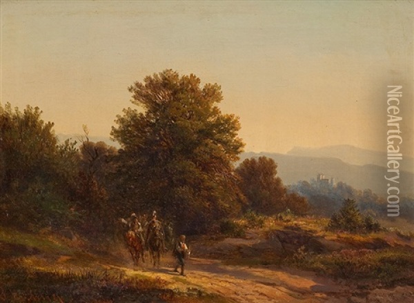Reiterstaffel In Hugeliger Landschaft Oil Painting - Bernhard Muehlig
