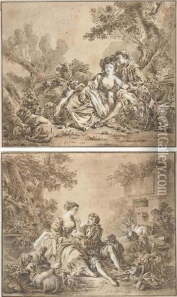A Pair Of Shepherds Resting By A Tree; And A Pair Of Shepherdsresting By A Fountain Oil Painting - Jean-Baptiste Huet I