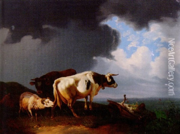 Kuh Und Schafe Vor Dem Gewitter Oil Painting - Ernst Heinrich Richard