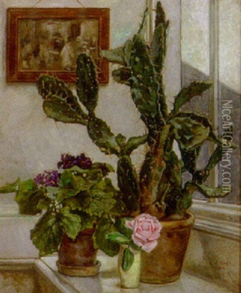 Kaktus, Rose Og Potteplante I Vindueskarm Oil Painting - Elnar V. Boegh