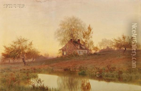 The Houses In The Old Orchard, Twilight Oil Painting - Henry Farrer