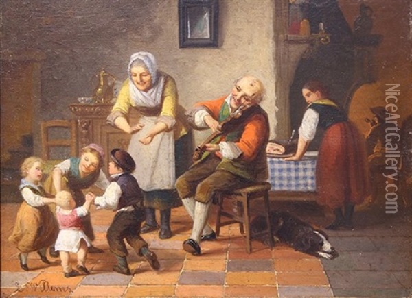 Family Genre Scene With Dog Oil Painting - Louis Willems