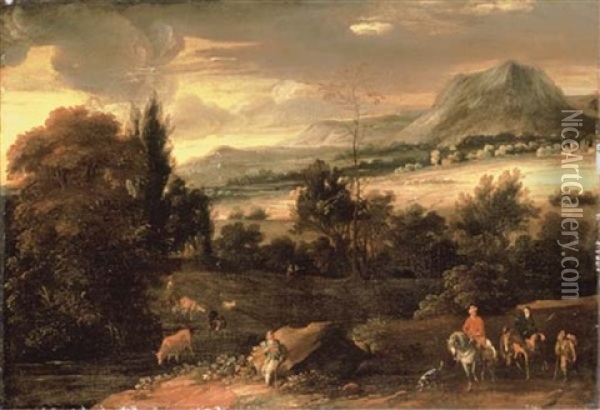 An Extensive Mountainous Landscape With Travellers On A Path And A Shepherd Resting By A River Oil Painting - Roelant Roghman