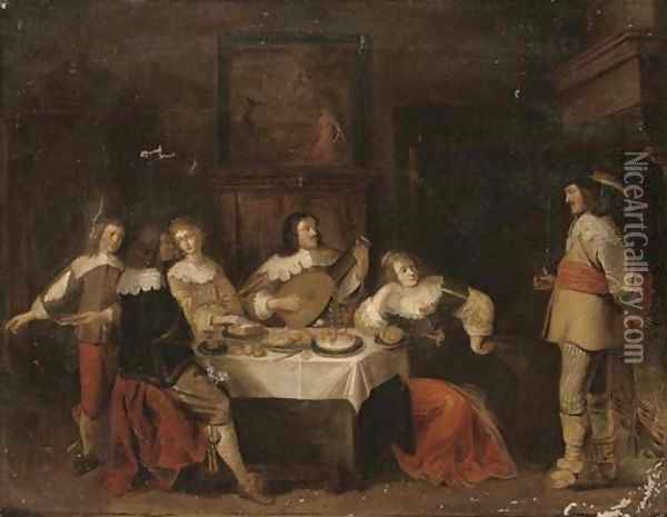 Elegant company eating and merrymaking in an interior Oil Painting - Anthonie Palamedesz