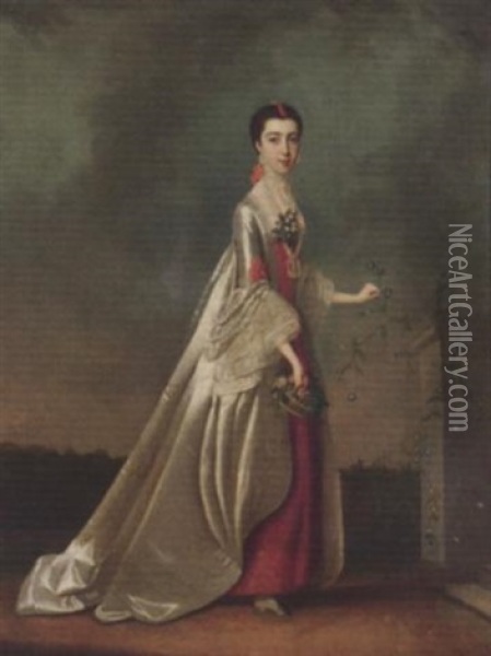 Portrait Of A Lady, (duchess Of Somerset?), In A Red And White Dress, In A Landscape Oil Painting - Edward Penny