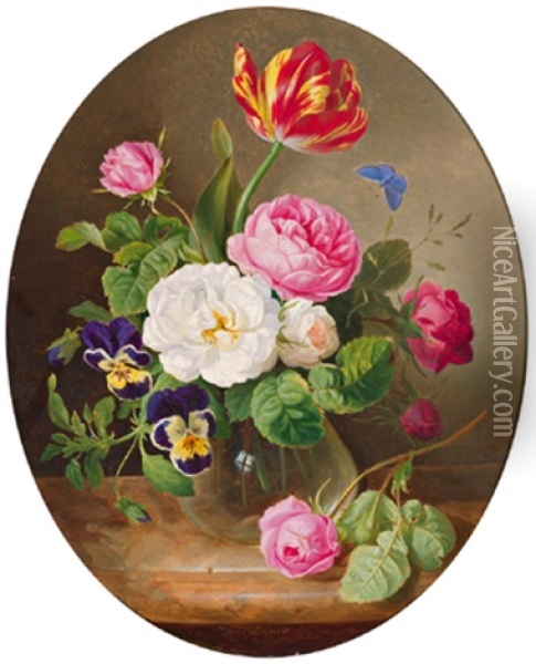 Blumenstuck In Glasvase Mit Rosen, Tulpen, Stiefmutterchen Und Einem Schmetterling Oil Painting - Josef Lauer