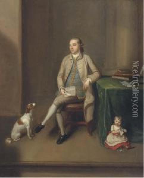 Portrait Of Sir William Gleadowe Newcomen And The Honourable Thomasnewcomen, Small Full-length, Sir William Holding A Letter, His Dogby His Side, The Honourable Thomas Tearing Up A Letter Oil Painting - Benjamin Wilson