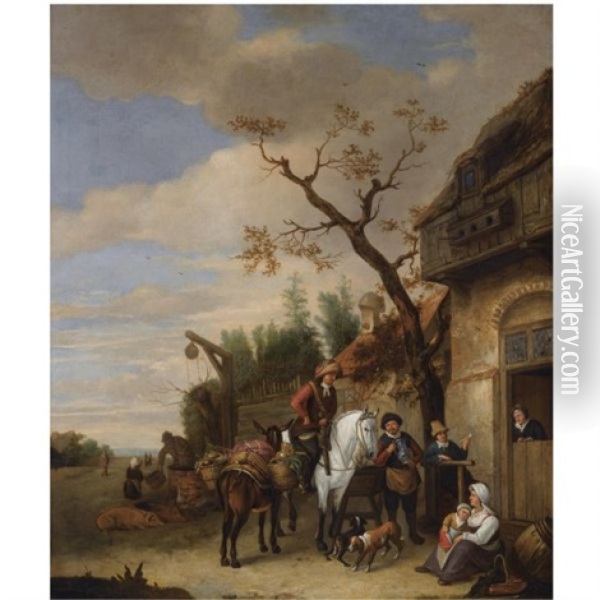 A Village Scene With Travellers Near An Inn, A Woman And Child Resting In The Foreground Oil Painting - Isaac Van Ostade