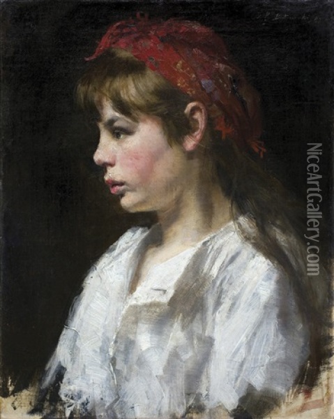Little Girl In A Red Scarf Oil Painting - Stanislaw Batowski-Kaczor
