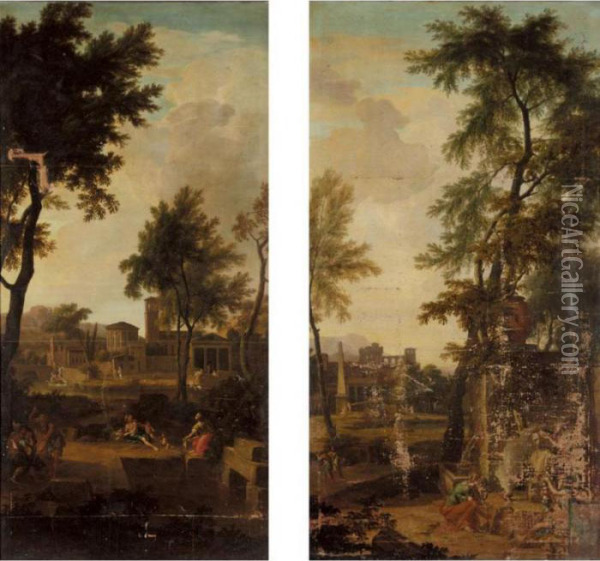 A Classical Landscape With Three
 Maidens Bringing Gifts To A Roman Memorial; A Classical Landscape With 
An Imaginary Townscape And Figures In The Foreground Oil Painting - Aelbert Meyeringh